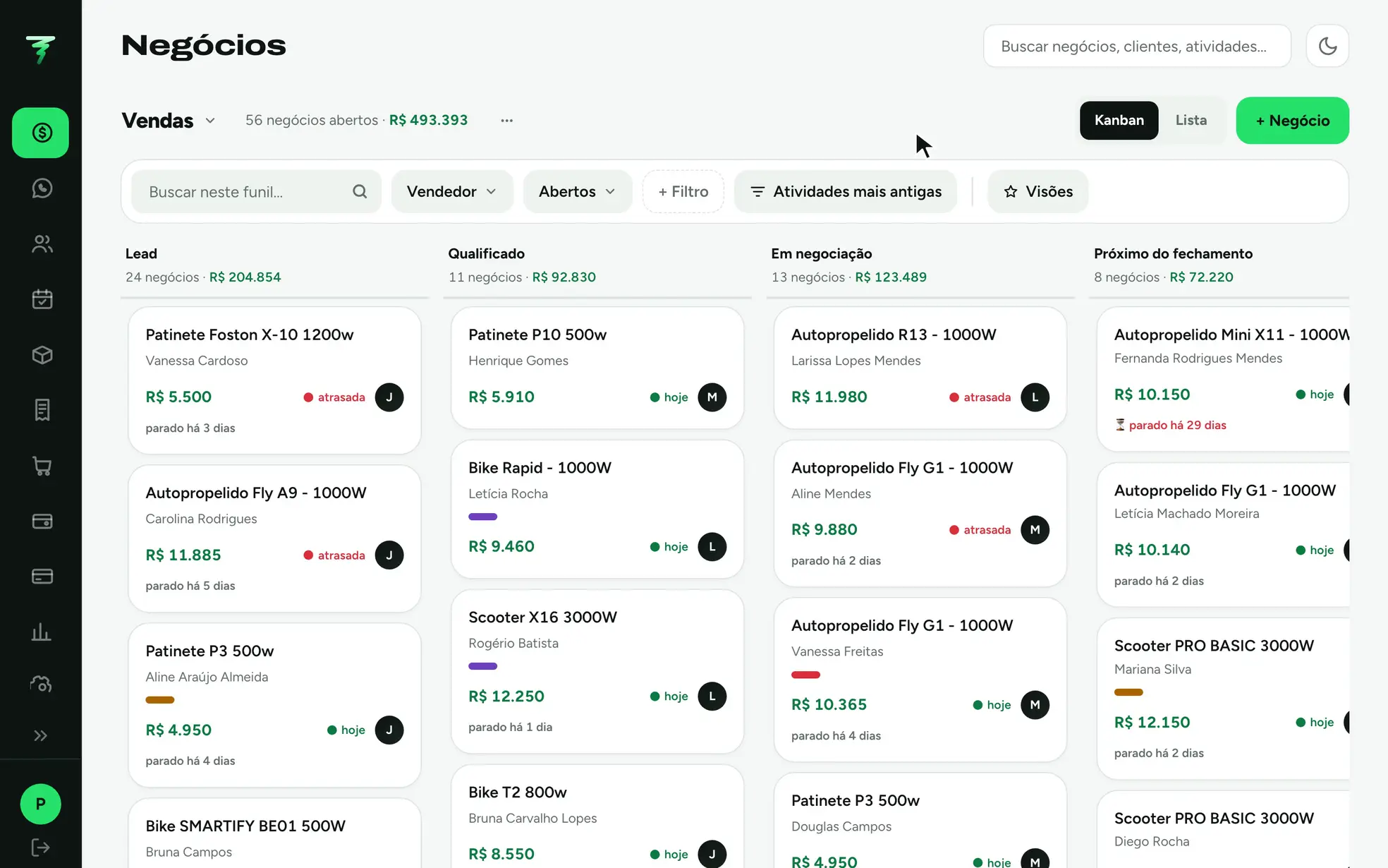 Gravação do funil de vendas em quadro: um negócio é arrastado entre etapas e a ficha do negócio é aberta